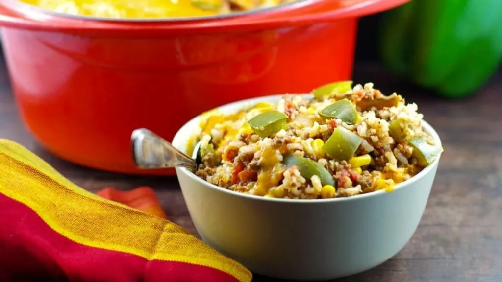 a bowl of brown rice stuffed pepper casserole.