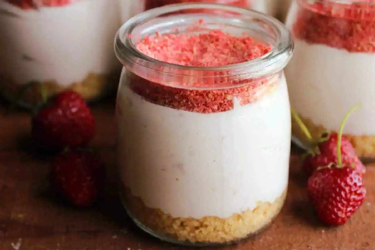 Strawberry cheesecake in a jar.