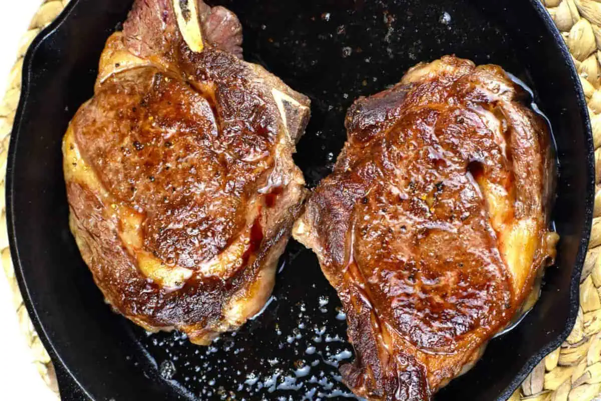 Cast iron ribeye steaks.
