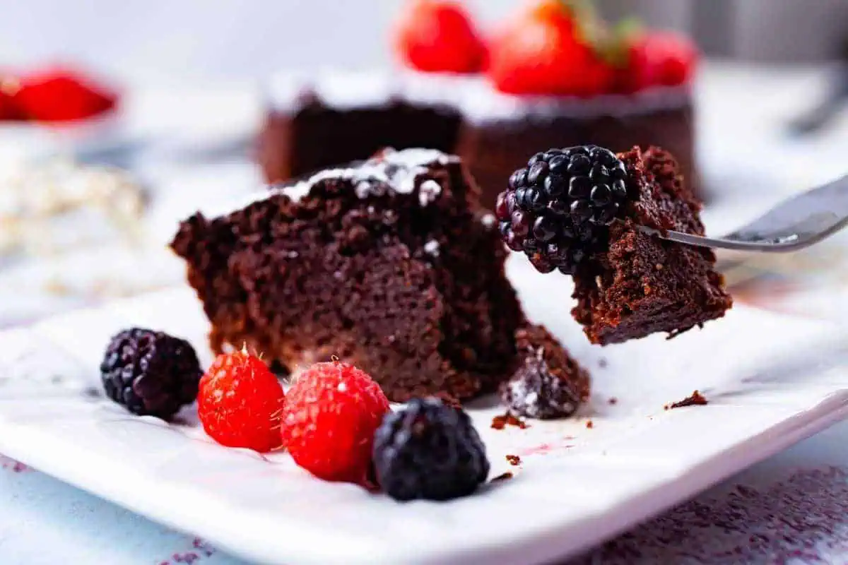 A slice of chocolate cake with berries.