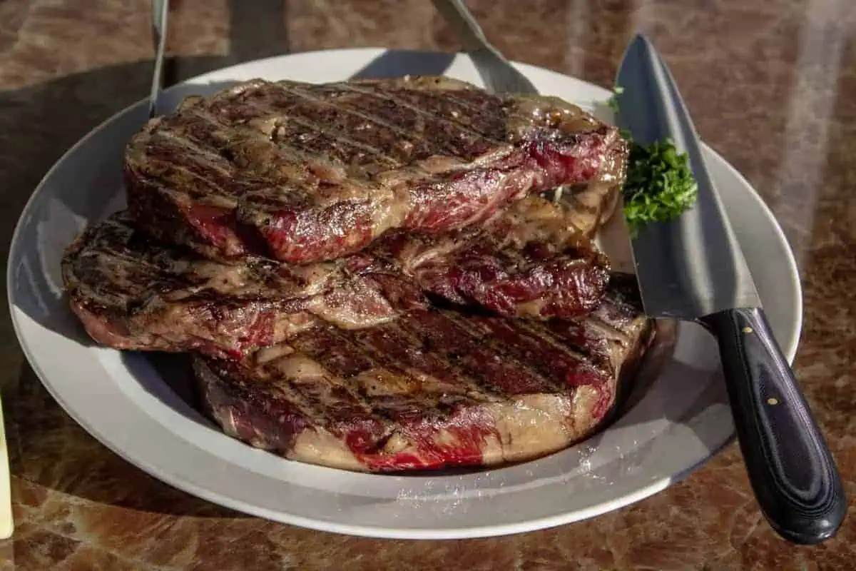A reverse seared ribeye steak.
