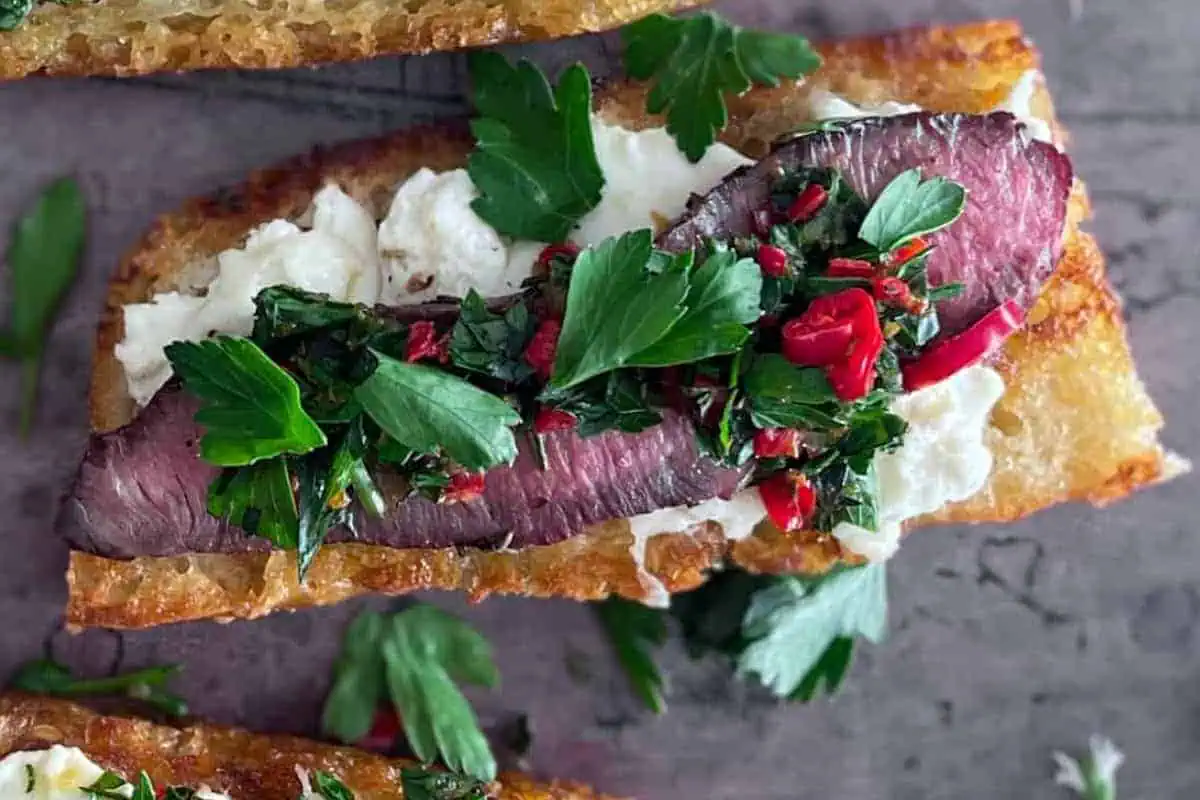 Steak burrata bruschetta.