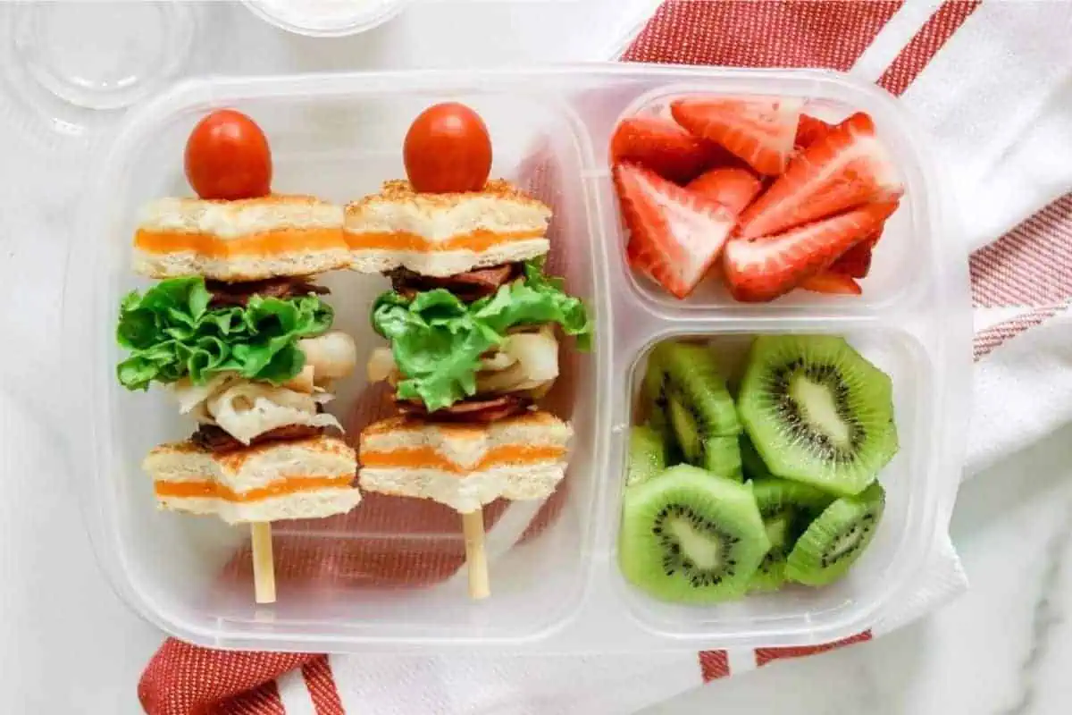 Turkey, Bacon, Lettuce and tomato club on a skewer