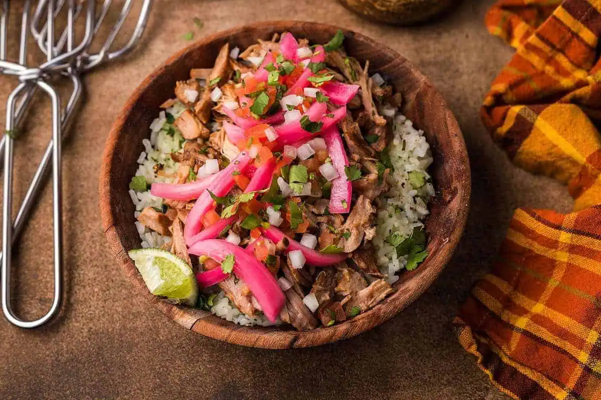 Pork carnitas in a bowl.