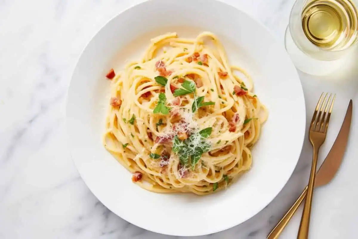 Spaghetti carbonara on a plate.