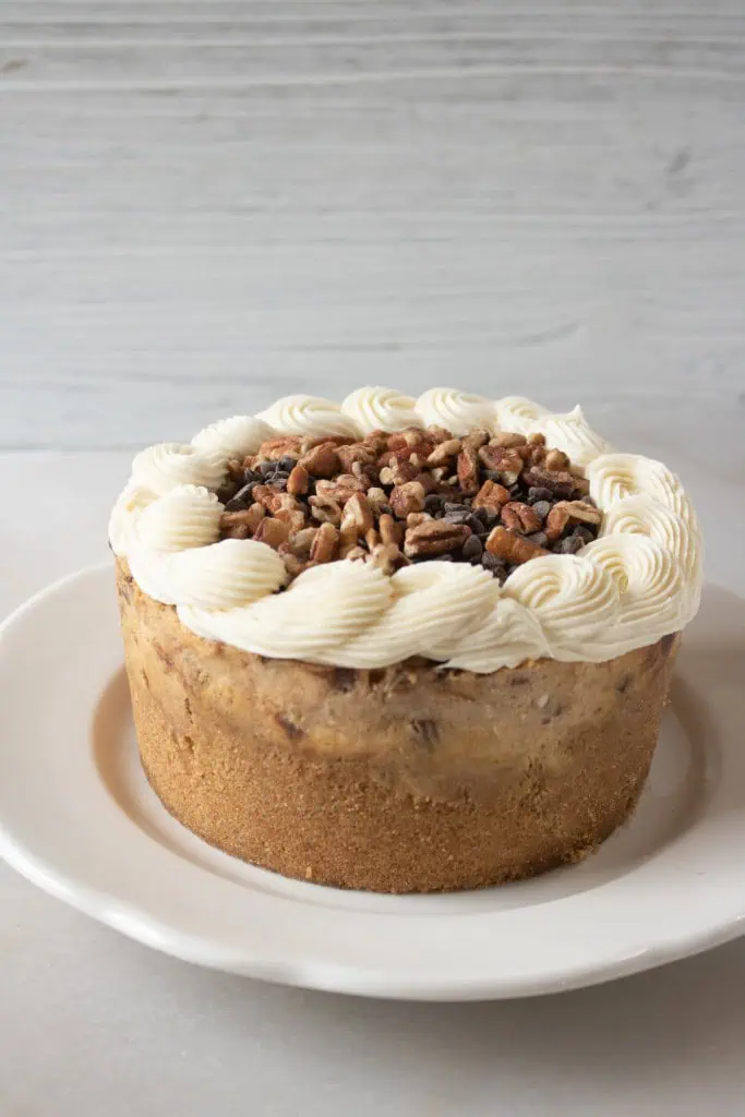 Instant Pot Pumpkin Chocolate Chip Cheesecake on a white serving plate, topped with buttercream frosting, chocolate chips, and chopped pecans.