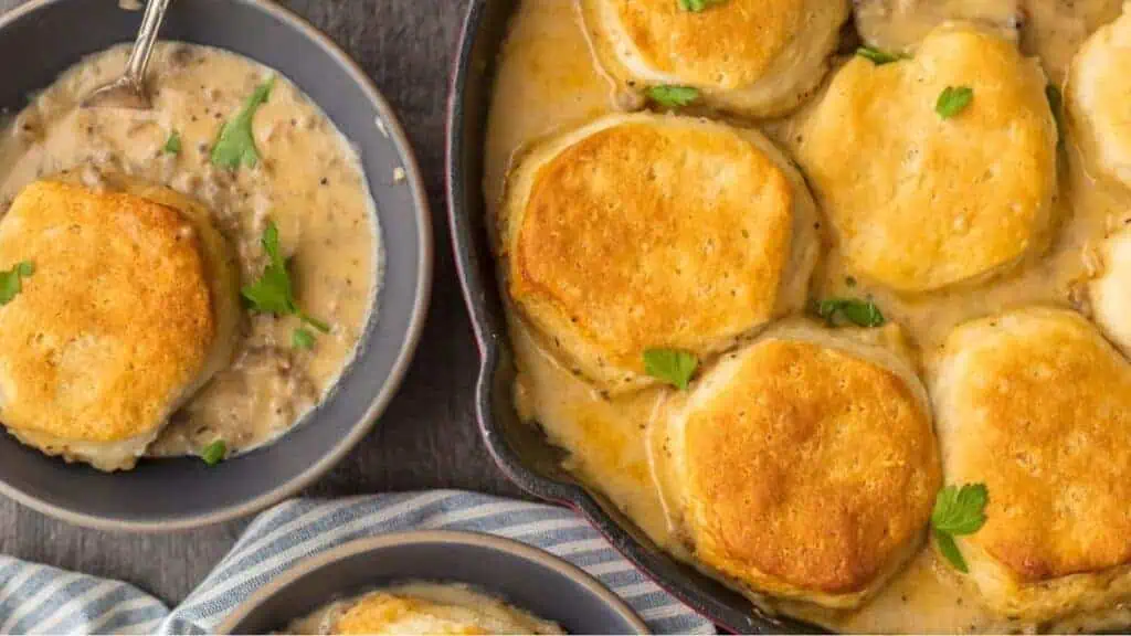 One Pan Sausage Biscuit Gravy Cobbler