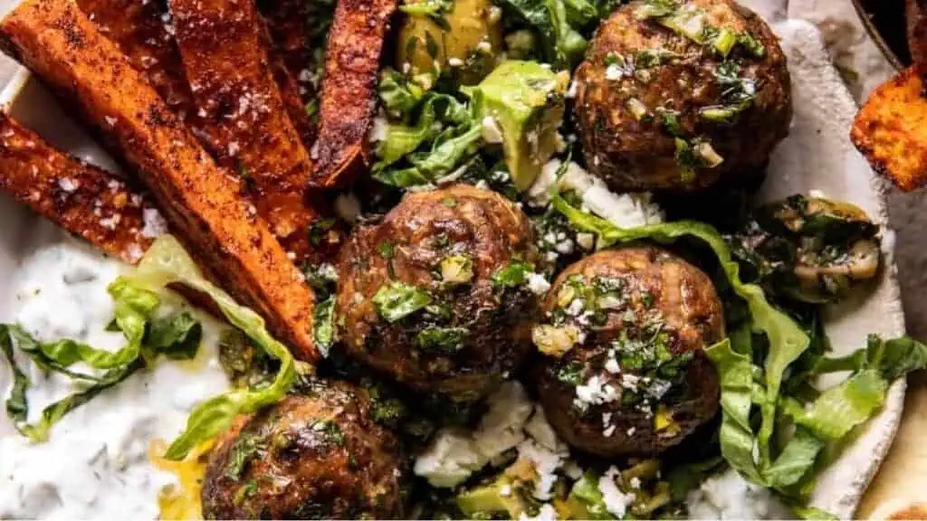 Sheet Pan Greek Meatballs and Tzatziki