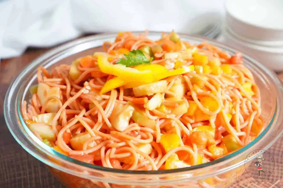 A bowl of catalina pasta salad.
