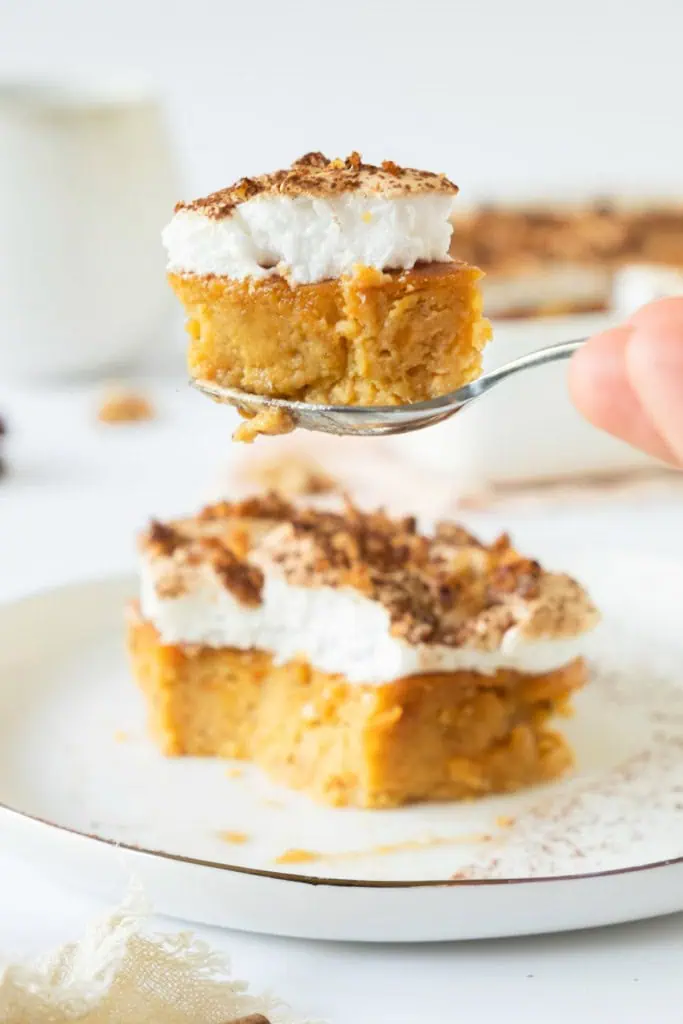 A small metal spoon holding a piece of sweet potato pudding. Remainder of a slice of sweet potato pudding on a white serving plate.