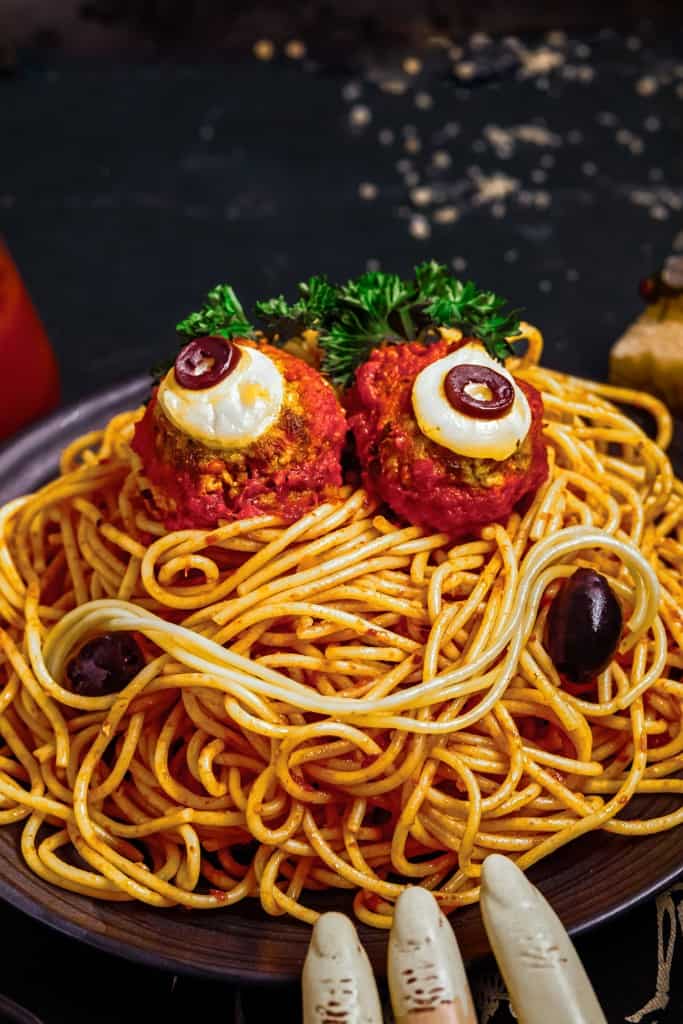 Close up of Halloween spaghetti and meatballs.