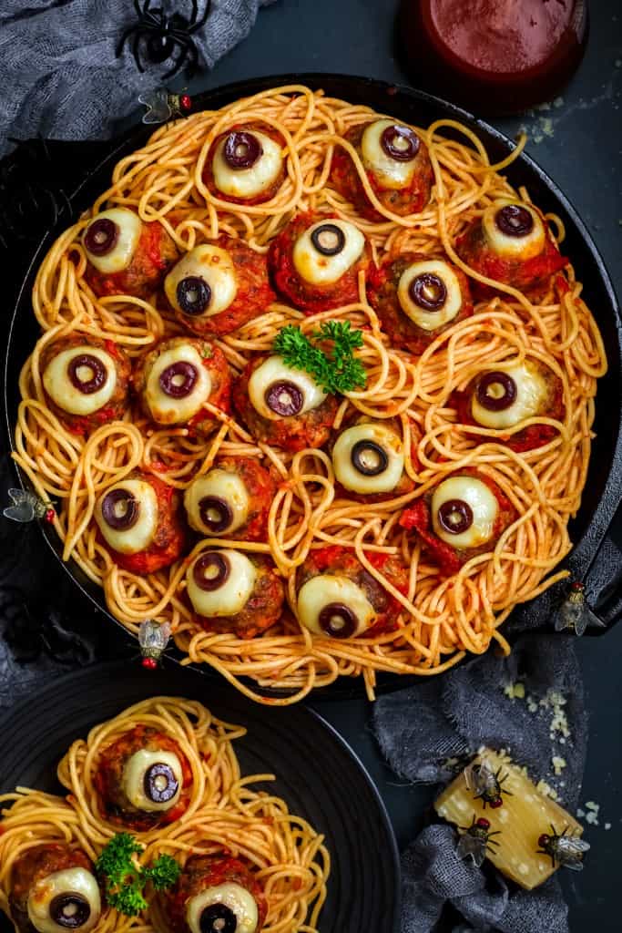 Overhead view of Halloween spaghetti and meatballs.