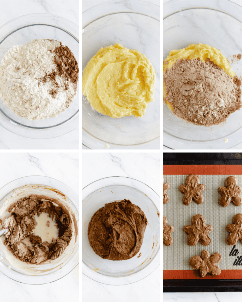 In-process recipe images for making gingerbread chocolate whoopie pies.