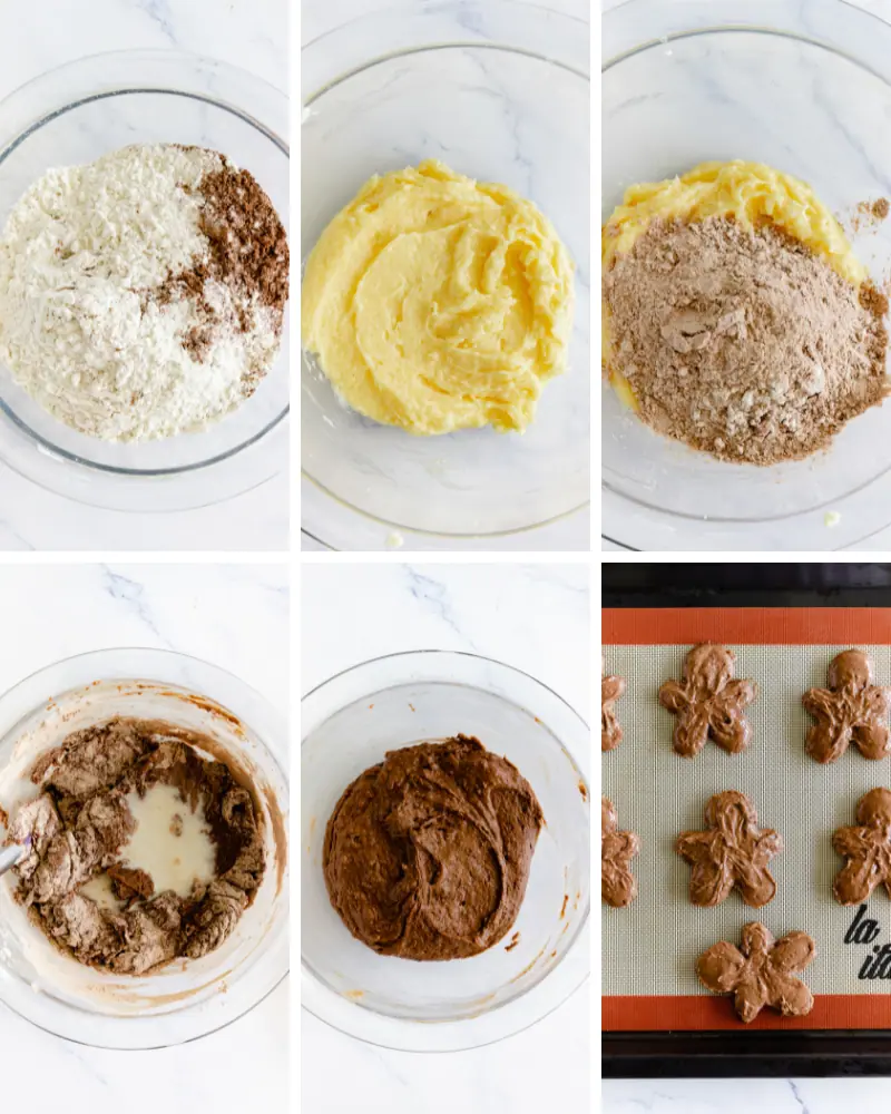 In-process recipe images for making gingerbread chocolate whoopie pies.