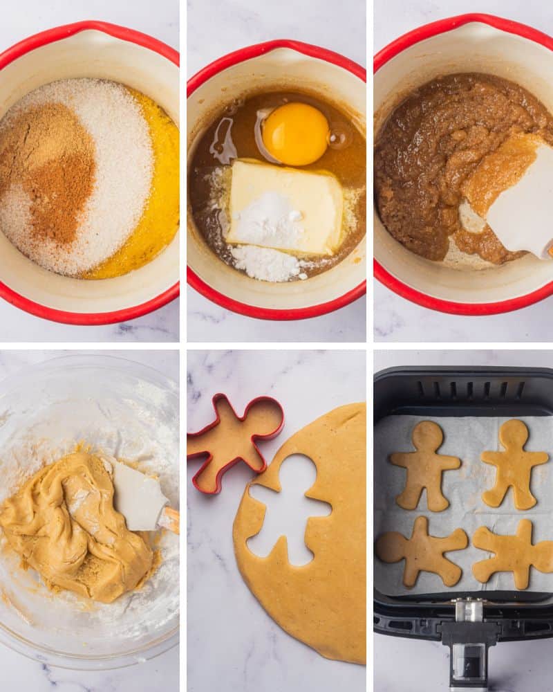 In-process recipes images for making air fryer gingerbread cookies.