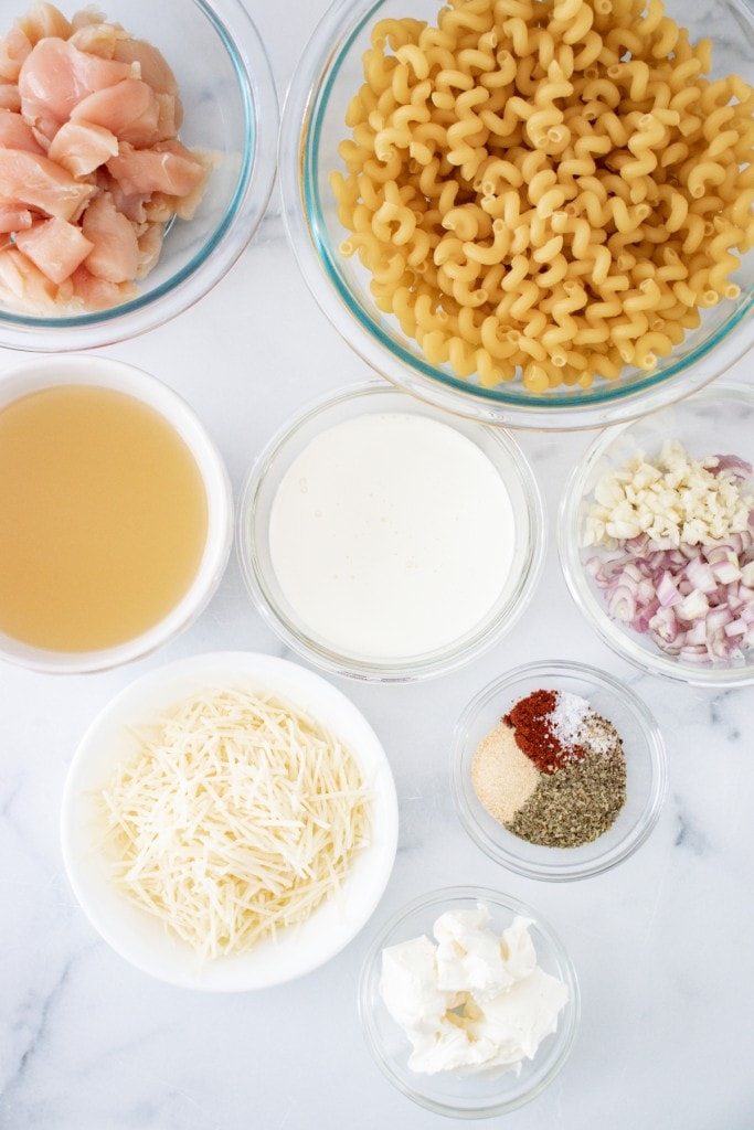 Ingredients to make Instant Pot cheesy garlicky pasta.