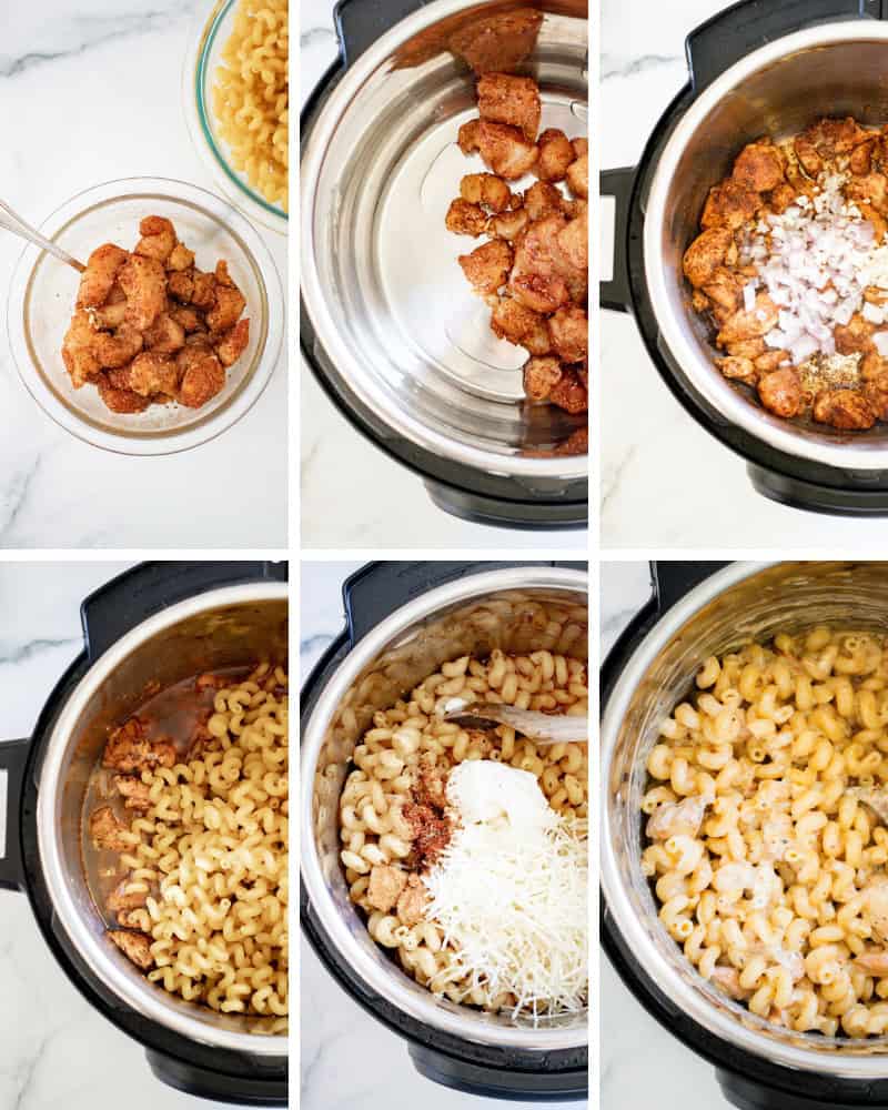 In-process recipe steps for making Instant Pot cheesy garlicky pasta.