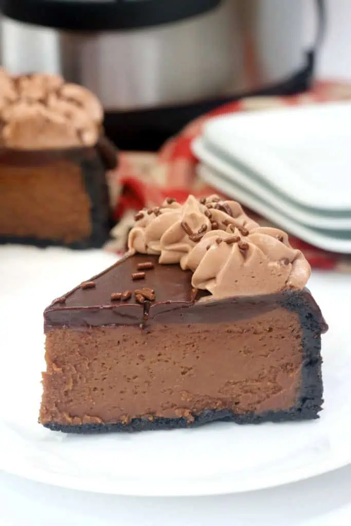 Close up of a slice of Instant Pot Nutella cheesecake, topped with chocolate whipped cream and chocolate sprinkles.