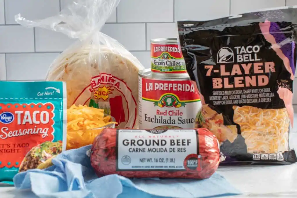 Ingredients to make Instant Pot cheesy beef enchiladas.