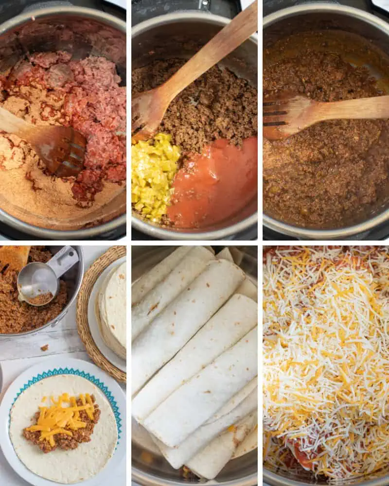 In-process recipe steps to make Instant Pot cheesy beef enchiladas.