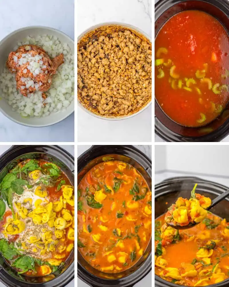 In-process recipe images for making Slow Cooker Tortellini Soup.