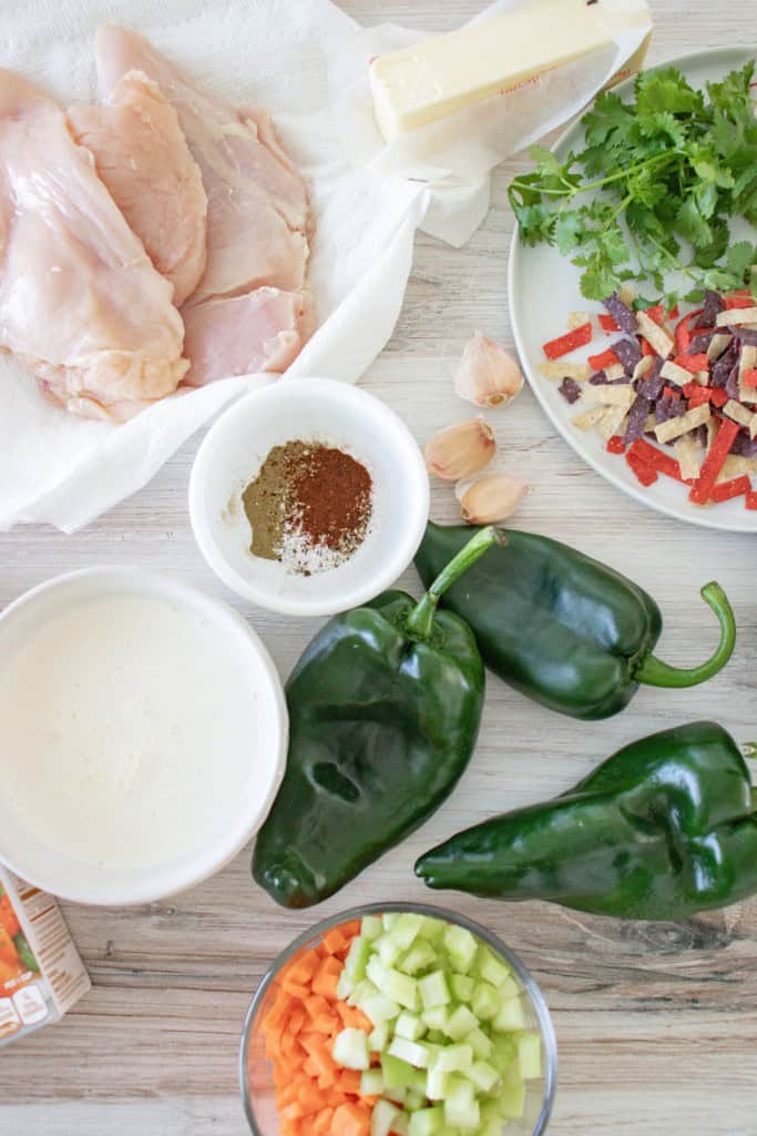 Ingredients for making creamy chicken poblano soup. 