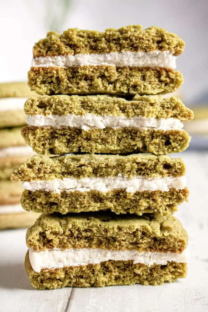 Stack of vibrant green Matcha Cream Sandwich Cookies
