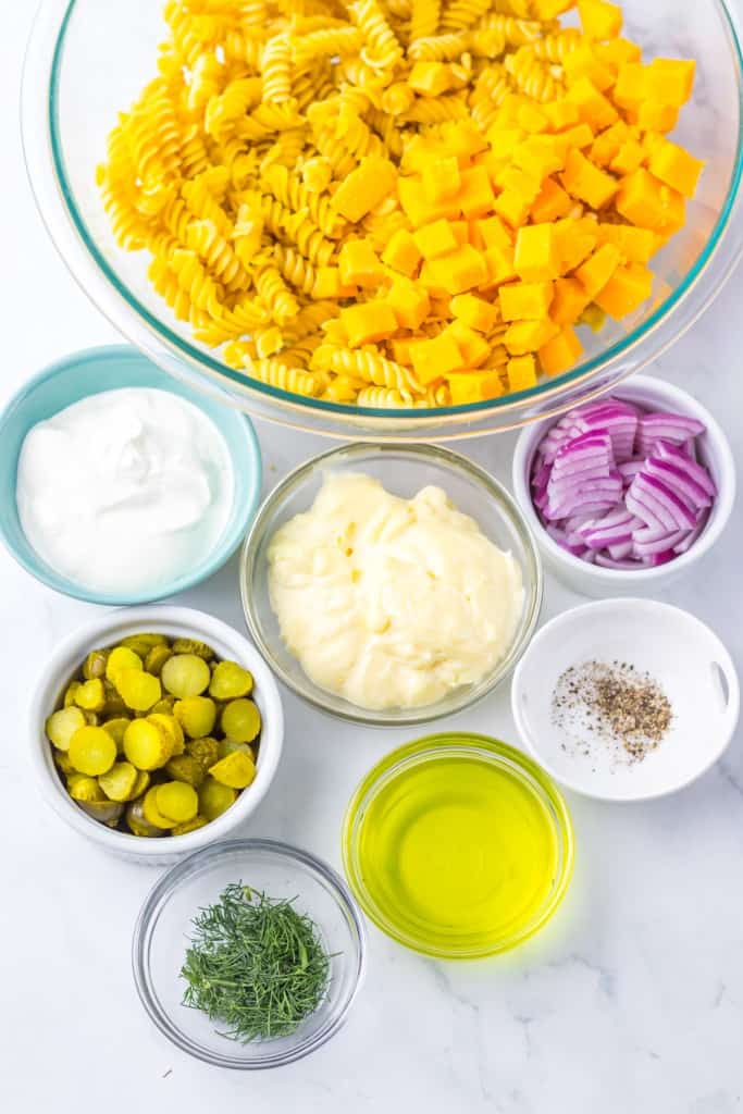 Ingredients to make pickle pasta salad.