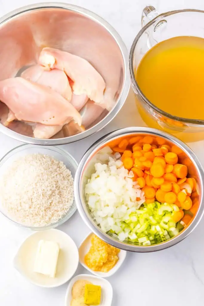 Ingredients to make Slow Cooker Chicken and Rice Soup.