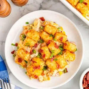 a plate of golden cooked tater tot chicken casserole on a white plate