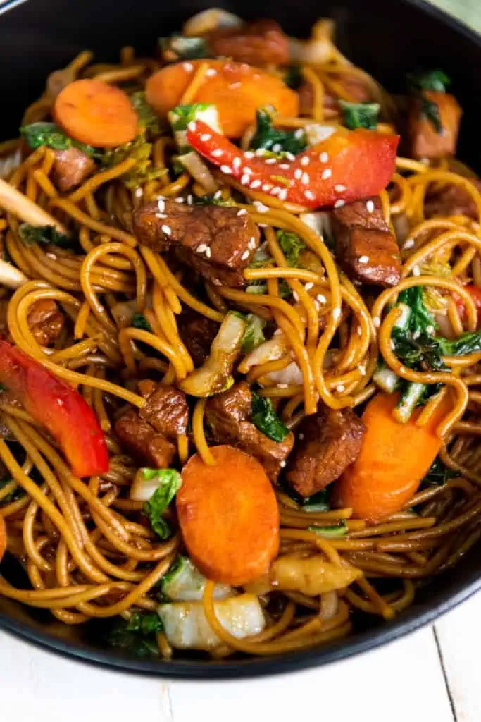 Close up of Instant Pot Pork Lo Mein in the Instant Pot.