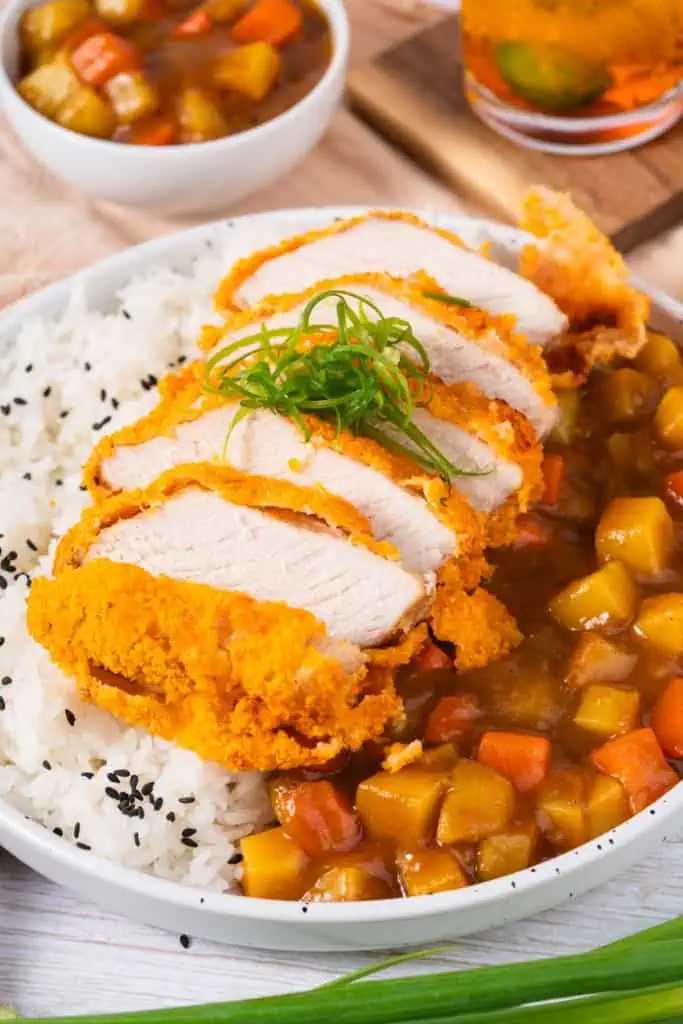 Japanese Pork Katsu Curry served in a white speckled-rimmed plate.