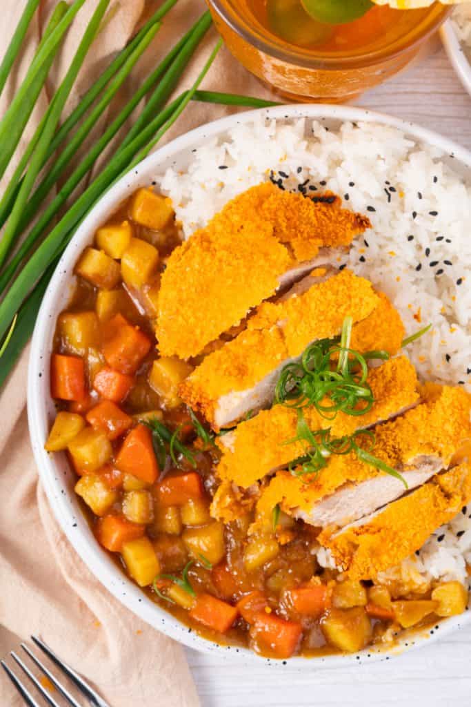 Overhead view of a plate full of Japanese Pork Katsu curry.