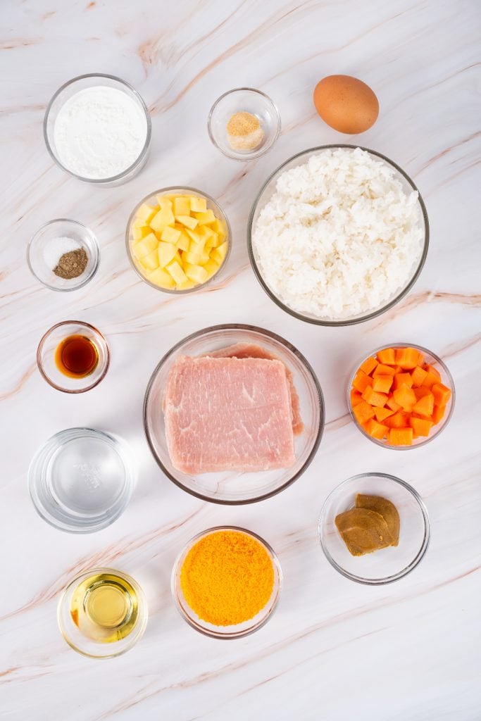 Ingredients to make Japanese Pork Katsu curry on a marble countertop.