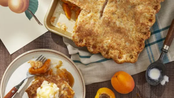 Apricot-Almond Slab Pie with Brandy Caramel Sauce