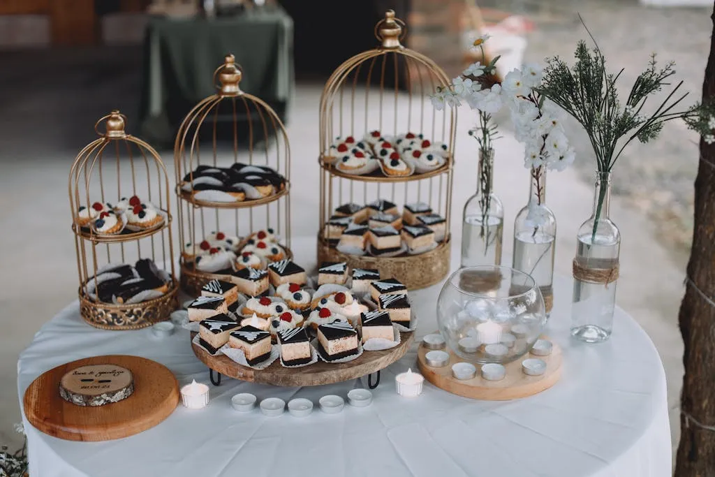 Chic dessert table with birdcage cake displays, sweets, and floral decor for a stylish celebration.