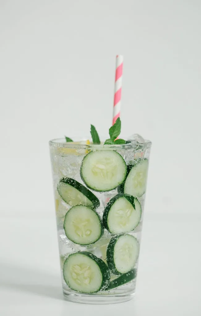 A refreshing glass of cucumber-infused water with ice, mint, and a straw on a white background.