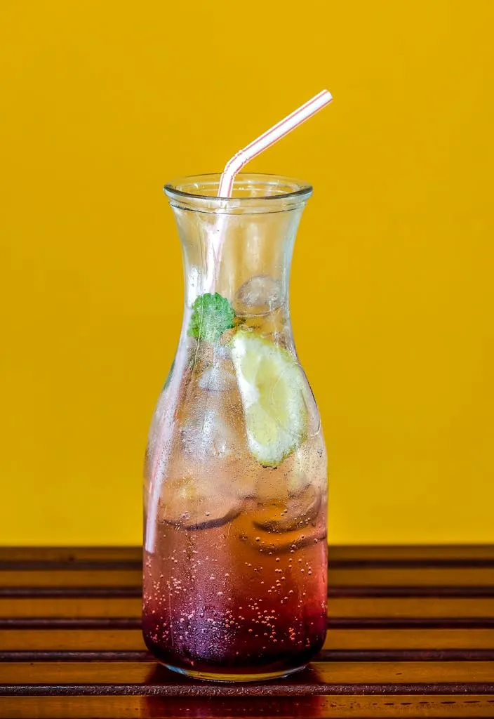A vibrant and refreshing berry lemonade with ice and lime slices in a glass pitcher against a yellow background.