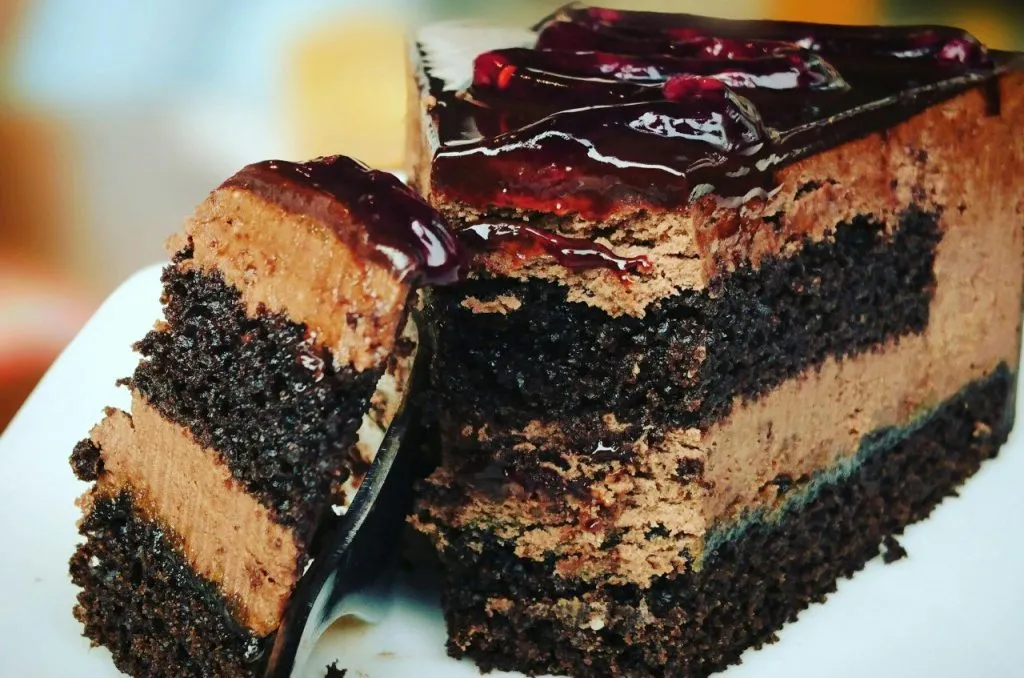 Close-up of a rich chocolate cake slice with blueberry topping, perfect for dessert lovers.