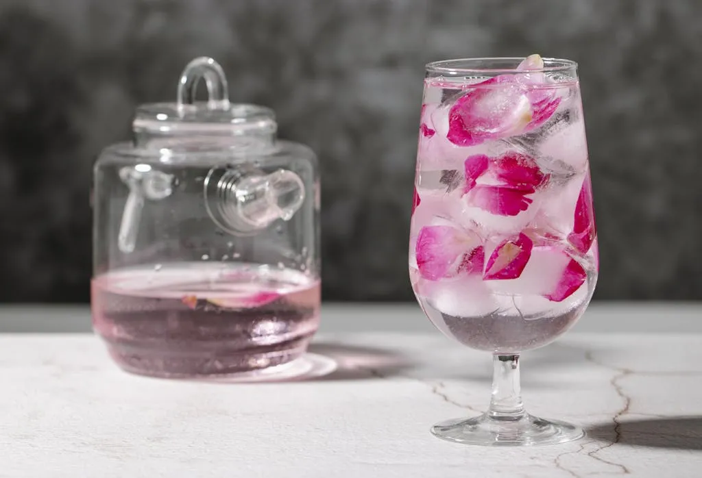 Crystal glass full of fresh beverage with pink rose petals and ice cubes place on table near jar with drink
