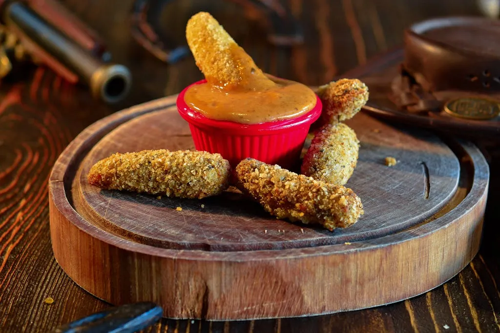Delicious breaded snacks served with a rich dipping sauce on a wooden board.