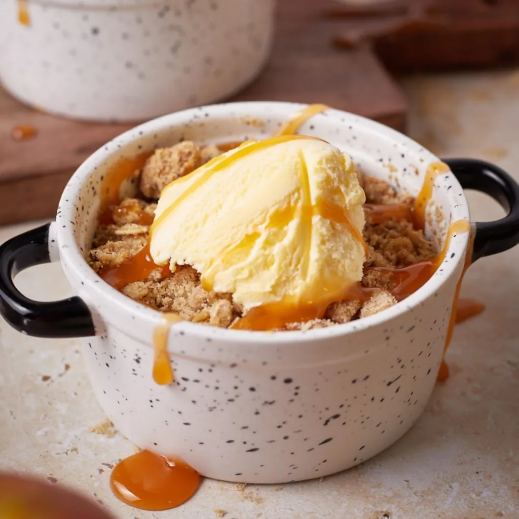 mini apple crisps in white ramekins, drizzled with caramel and topped with melting vanilla ice cream.
