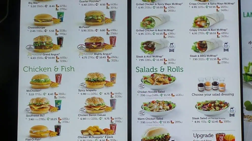 McDonald's Menu 2015 Melbourne Australia