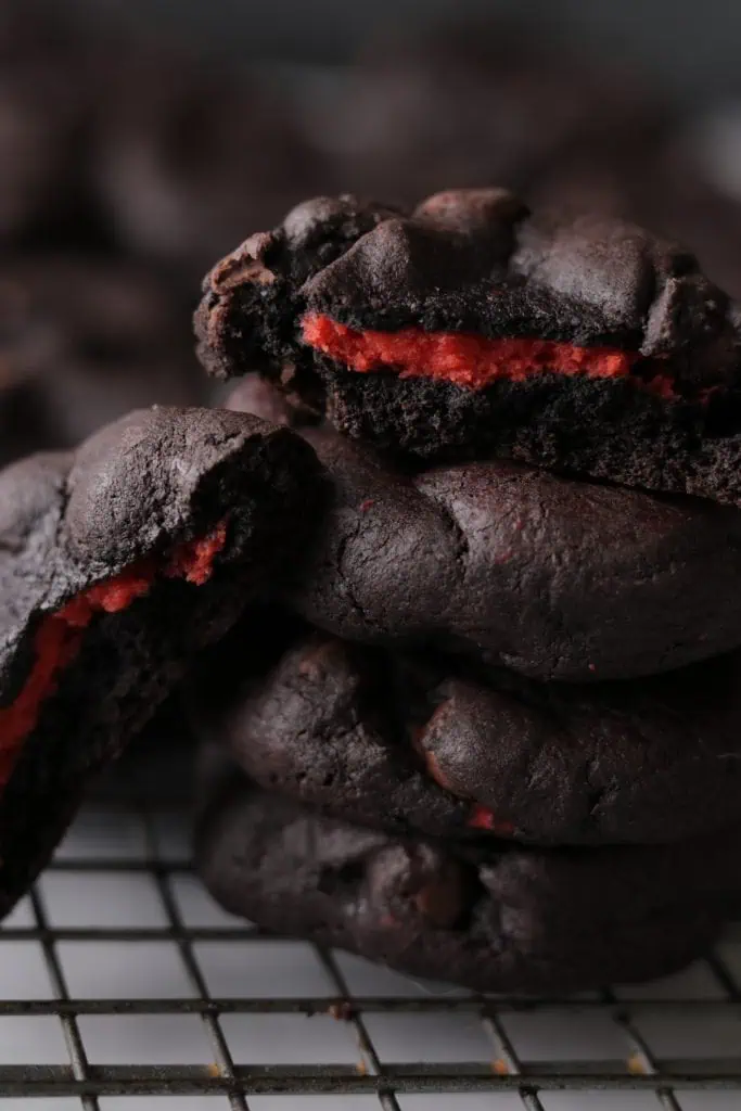 Stack of Stranger Things cookies with chips and bright centers
