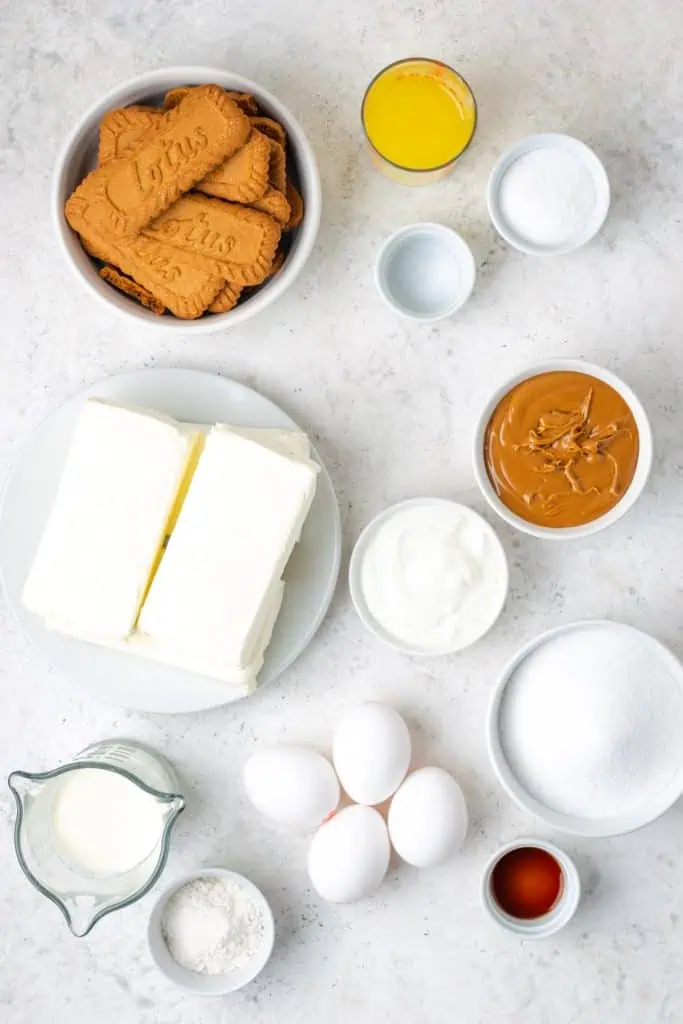 Biscoff cheesecake ingredients arranged overhead: Biscoff cookies, jar of Biscoff cookie butter spread, cream cheese blocks, sugar, sour cream, eggs, butter, heavy cream, and vanilla on a white marble surface.