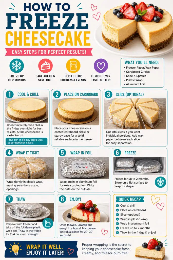 an infographic cheat sheet on how to freeze cheesecakes