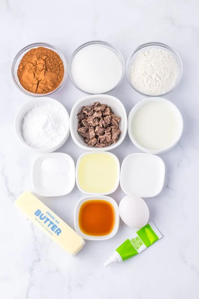Thin mint chocolate cookie ingredients arranged overhead with cocoa powder, butter, powdered sugar, peppermint extract, and chocolate chips