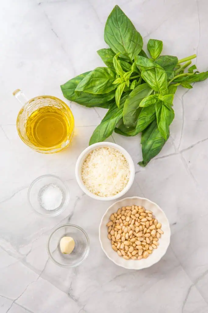 Homemade pesto ingredients arranged overhead with fresh basil leaves, pine nuts, grated parmesan, garlic, olive oil, and salt