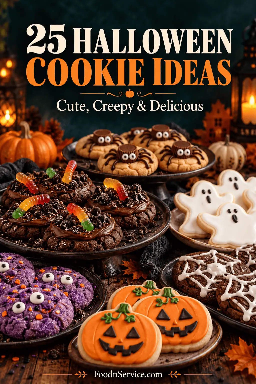 Find 25 Halloween cookie recipes and decorating ideas, including spiders, ghosts, monsters, no-bake treats, and chocolate cookies for spooky parties.